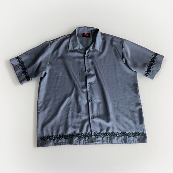 DOC Clothing XL Button Up Shirt Gray Black Tribal Embroidered Y2K Vintage 2000s - Picture 1 of 6